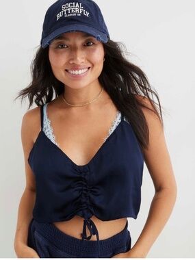 Aerie Satin Cinched Front Crop Tank Top Cami Navy Blue V-Neck Summer NEW  Sz XXL